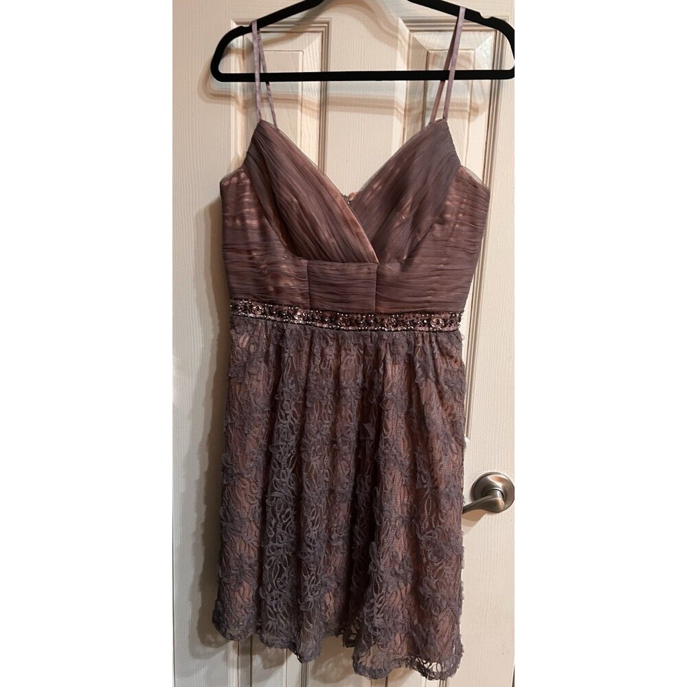 💜 DeCode 1.8 Smoky Lavender Lace Lined in Pink Cocktail Dress Beaded Size 8 EUC
